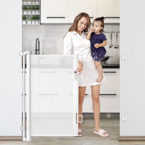 42 Inch Extra Tall Retractable Baby Gates 56" Wide Pet Gate Tall Retractable Dog Gate Indoor Outdoor Adjustable Pet Gate Dog Gates for The House Mesh Baby Gate for Doorway, Hallway, White
