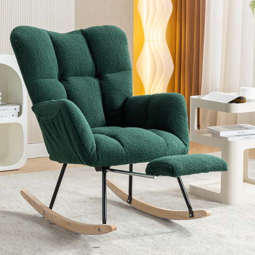 Furniliving Rocking Chair, Upholstered Nursery Rocking Chair with Footrest, High Backrest, Thick Cushion Glider Rocker Accent Chair, Comfy Armchair for Living Room, Bedroom, Nursery, Green