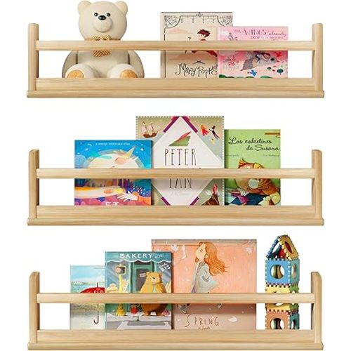 Natural Wood Wall Bookshelf for Kids Bedroom Set of 3, 24 Inch Wooden Floating Nursery Book Shelves for Boys Girls Room, Mounted Bookshelves for Childrens Toys Organizers and Storage