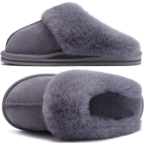 KuaiLu Memory Foam Slippers Ladies Fuzzy Faux Fur Lined Warm Arch Support House Shoes Slip on Comfy Winter Scuff Indoor Outdoor Rubber Hard Sole | Dual Memory Foam, Arch Support, Non-Slip, Indoor Outdoor, Hard Sole, Slip on, Warm, Cozy, Comfy, Winter