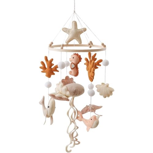 Baby Mobile for Crib – Handmade Ocean Baby Crib Mobile with Seahorse, Shell & Stingray, Nursery Mobiles with Beech Wood Ring, Mobile for Crib Hanging Toy, Neutral Felt Mobile for Bassinet Decor