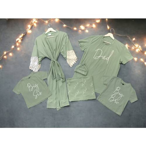 Sage green dad big bro sis shirts with matching Maternity Nursing Labor Delivery Robe & personalized Baby Swaddle Blanket and Hat