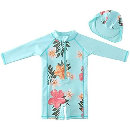 Baby Girl Beach Swimwear Long Sleeve Rashguard UPF 50+ -Sun Protective Sunsuit with Hat