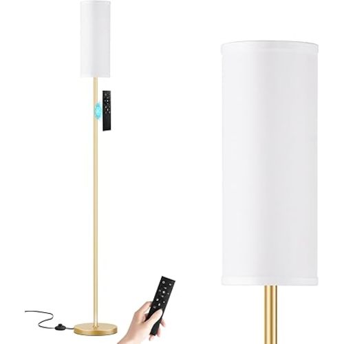 Ambimall 64'' Floor Lamps for Living Room with Remote Control and Stepless Dimmable Colors Temperature & Brightness, 9W Bulb Included(White Lampshade & Gold Pole)