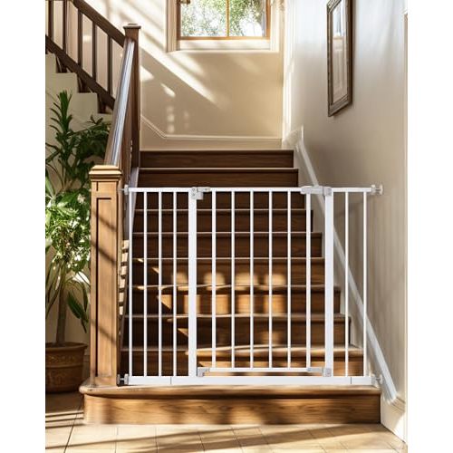InnoTruth 28.9-42.1" Wide Baby Gate for Stairs, 30" Tall Dog Gates for Doorways Expandable One-Hand Open, Easy Walk Through Dual Lock Metal Pet Gates for Dogs, White-Family & Mom's Choice Award Winner