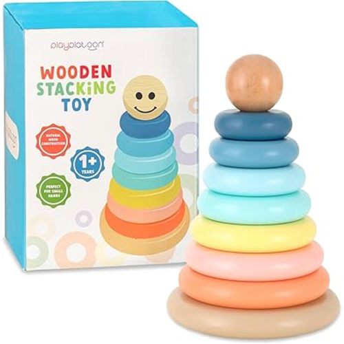 Play Platoon Wooden Rainbow Stacking Toy Ring Stacker, Educational Interactive Learning Toys, Create Stacks of Circles for Kids, Babies, Toddlers and Children