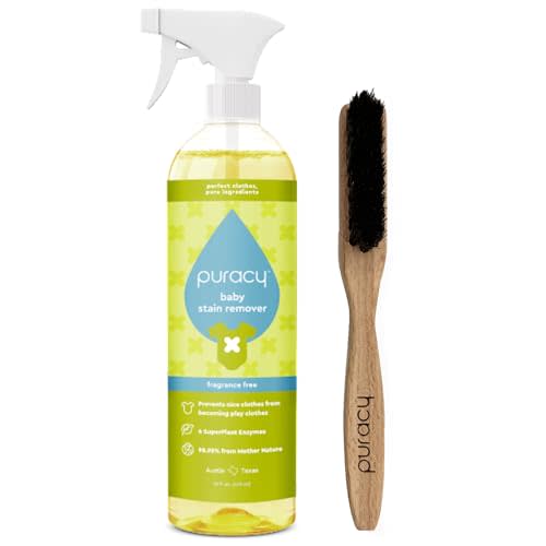 Puracy Natural Baby Laundry Stain Remover, Enzyme Odor Eliminator, Free & Clear 16 Fl Oz and Laundry Stain Remover Brush for Tough Stains, Effective Stain and Odor Eliminiation Bundle