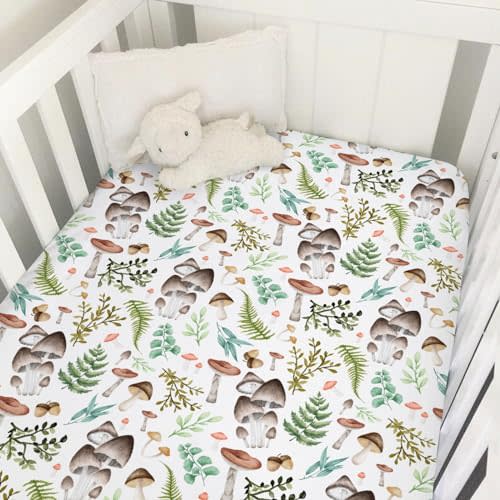 Woodland Mushroom Forest Baby Crib Sheets 52''x28'' Watercolor Mushroom Green Leaves Snug Fitted Crib Mattress Cover for Boy Girl Wild Plants Soft Baby Bed Sheets for Standard Crib Toddler Mattress