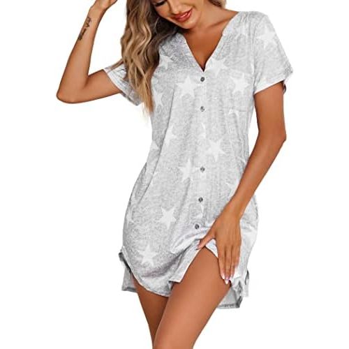 Ekouaer Women V Neck Button Down Nightgown