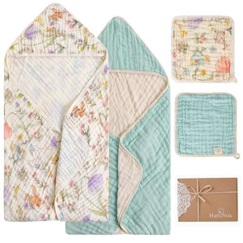 HardNok 4-Piece Ultra Soft Muslin Baby Towel Set - Muslin & Bamboo Viscose Blend, Ideal for Bath & Beach, Suitable (Garden Woodland G 32x32 inches)