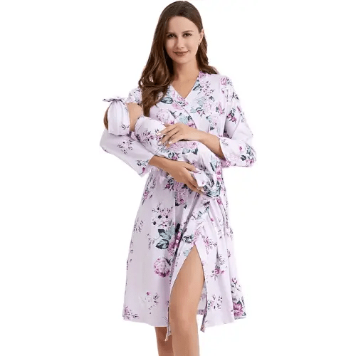 Galabloomer Flower Maternity Robe and Baby Receiving Blanket, Matching Mommy Labor Delivery Robe and Swaddle Set