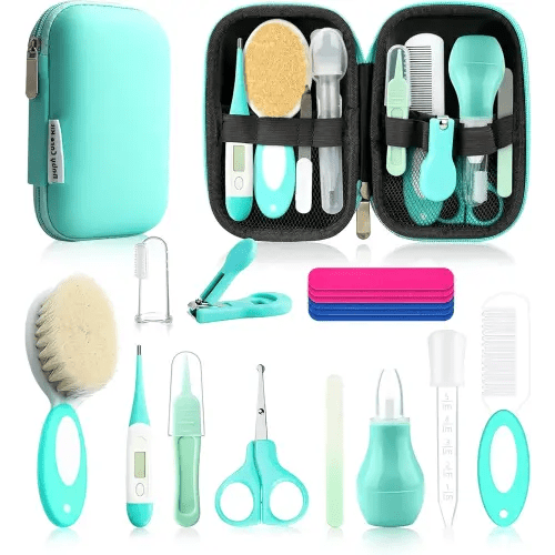 Baby Healthcare and Grooming Kit, Baby Safety Set Newborn Nursery Health Care Set with Hair Brush Scale Measuring Spoon Nail Clippers (17pcs, Green)