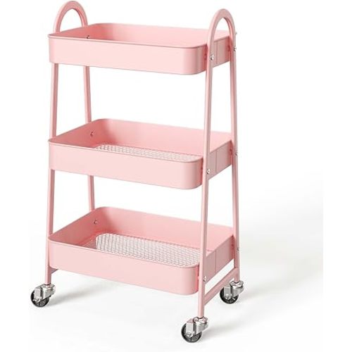 3 Tier Rolling Cart, Metal Storage Carts with Handle and Lockable Wheels, Lightweight Utility Carts Serving Cart for Office, Bathroom, Kitchen, Bedroom & Narrow Places, Pink