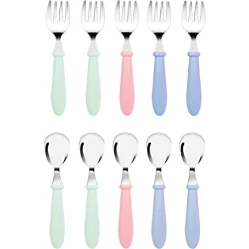 DF DUALFERV 10 pcs Toddler Utensils, Stainless Steel Toddler Silverware Set with Round Handle, Baby Forks for Self Feeding, 5 Forks and 5 Spoons