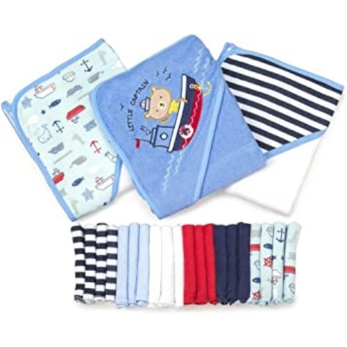 Spasilk Bath Hooded Towels & Washcloths Set for Babies, 23-Piece Gift Set, Navy Nautical, (Gift GBA23 2201)