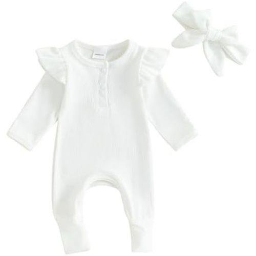 Newborn Baby Girls Clothes Infant Ruffle Knit Romper Long Sleeve Ribbed Bodysuit Onesie Jumpsuit Headband Coming Home Outfit