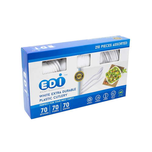 EDI White Disposable Plastic Cutlery Set, 70 Forks, 70 Knives, 70 Spoons, 210 Count