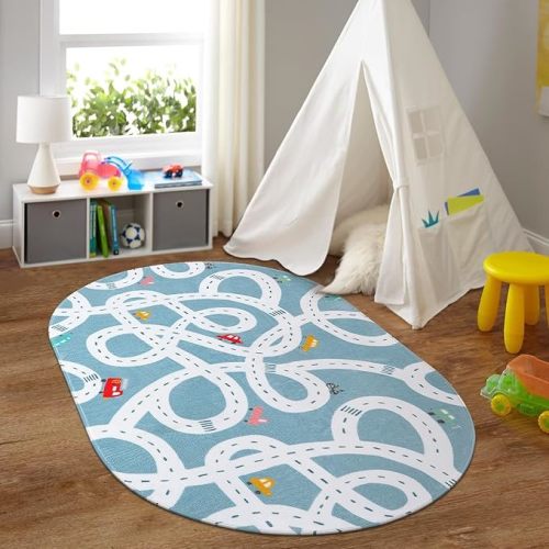 LIVEBOX Large Washable Kids Rug, 4'x6' Non-Slip Car Road Rug