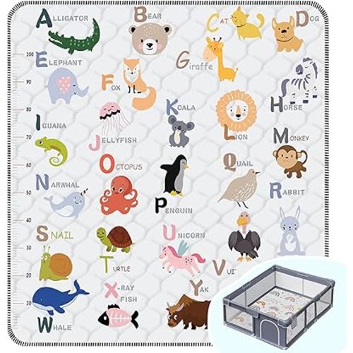 Baby Play Mat，Thick Soft 71" X 59" Playpen mat, Non-Slip and Machine Washable Baby Play Mats for Floor，Crawling Mat for Babies, Toddlers & Infants to Play and Learn (Animal Alphabet-A)