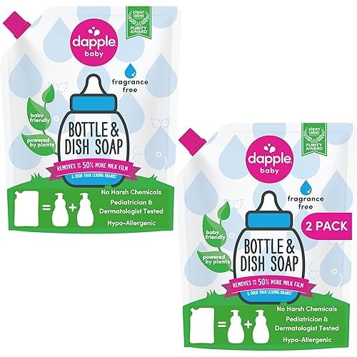Dapple Baby Bottle Soap, Hypoallergenic Dish Soap for Baby Bottles, Powered by Plants, Fragrance Free, 34 Fl Oz (Pack of 2)