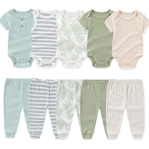 Kiddiezoom Newborn Baby Layette Set 10-Piece with Bodysuits and Pants Set for Unisex Baby Gift Sets