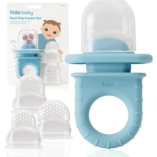 Frida Baby Push Pop Feeder, Baby Fruit Feeder to Safely Introduce New Foods, Valentines Day Gifts for Kids, Fresh + Frozen Food Silicone Feeder for Babies, BPA Free, Dishwasher Safe | 3 Count, Blue