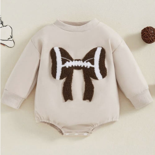 Baby Girl Bubble Romper Long Sleeve Crew Neck Bow Football Print Bodysuit Newborn Clothes