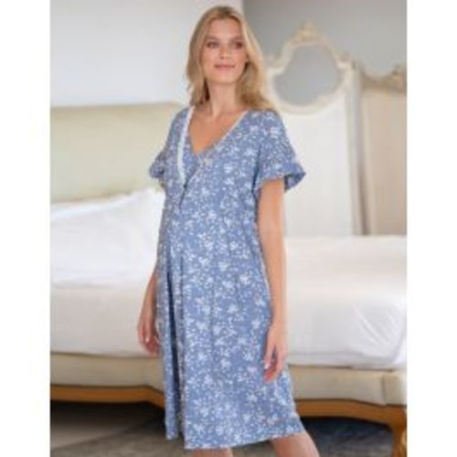 Blue Floral Cotton Maternity & Nursing Night Dress