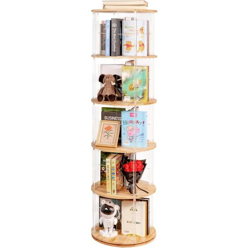 360° Rotating Bookshelf, 5-Tier Spinning Book Shelf Tower with Solid Wood & Clear Acrylic, Round Revolving Bookcase for Living Room, Bedroom and Office