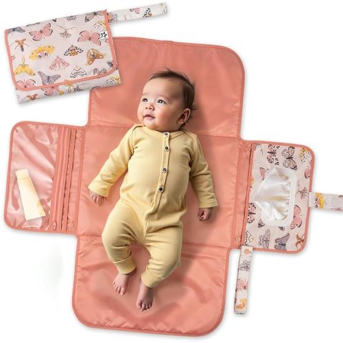 Tiny Twinkle Portable Diaper Changing Pad-Foldable Waterproof Changing Mat&Portable Changing Pad for Travel,Baby Changing Station with Smart Wipes Pocket&Storage (Flutter)