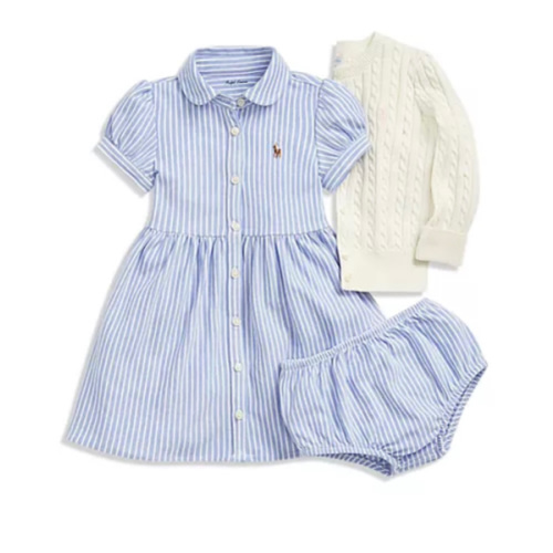 Girls' Striped Oxford Dress & Bloomers Set & Cable Knit Cardigan - Baby