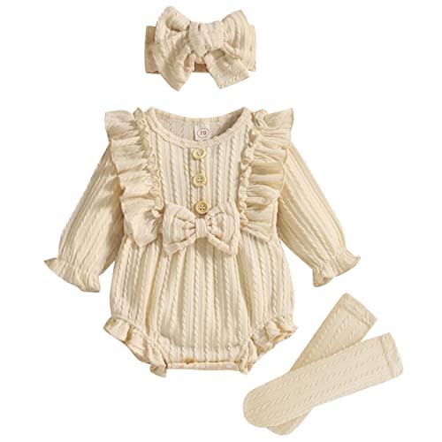 GRNSHTS Newborn Baby Girl Clothes Ruffle Solid Sweater Long Sleeve Romper+Hairband+Socks 3Pcs Fall Winter Outfits