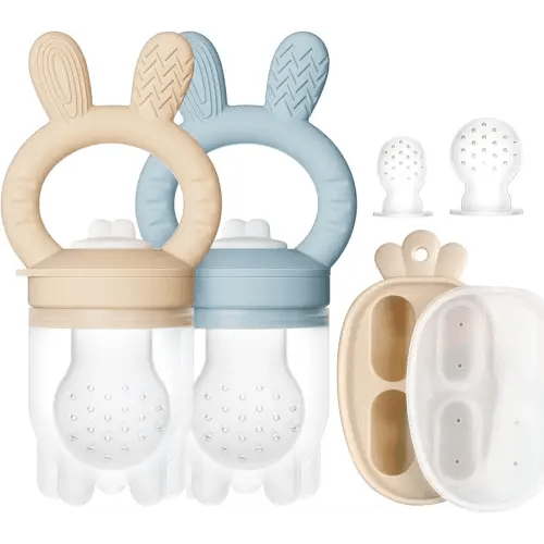 2 Packs Baby Fruit Feeder & Freezer Nibble Tray Combo, Push Pop Baby Food Feeder to Safely Introduce New Foods, Fresh & Frozen Food Silicone Feeder, 100% Food Grade, BPA Free (Caramel & Blue)