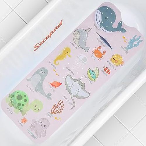Baby Bath Mat, Cartoon Kids Bathtub Mat Non Slip for Toddler Bath Shower Anti Slip, 40In X 16In with Drain Holes and Suction Cups Machine Washable, Pink Sea Animals