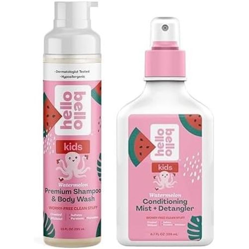Hello Bello Watermelon Shampoo and Body Wash, 10 FL Oz and Conditioning Mist and Detangler, Hypoallergenic and Non-Greasy Leave-in Conditioning Spray, Vegan and Cruelty-Free, 6.7oz