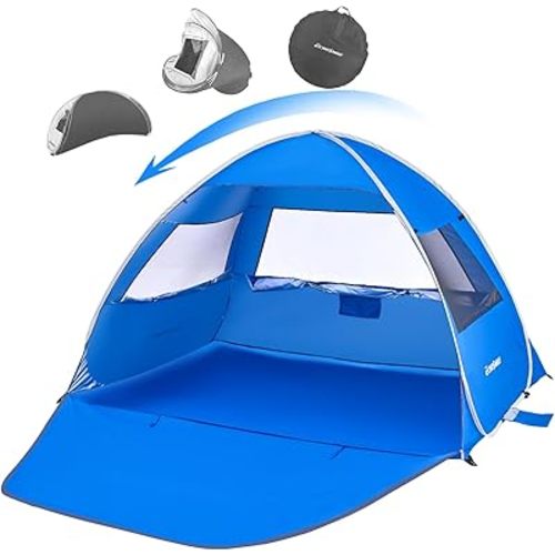 EchoSmile UPF 50+ Pop Up Beach Tent Sun Shelter for 3/4 Person, Beach Canopy Tent Sun Shade with Extended Floor, Portable Beach Umbrella Cabana, Beach Essential for Baby Toddler Adult, Dark Blue