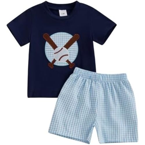 Baseball Toddler Baby Boy Girl Clothes Baseball Bat Embroidery Short Sleeve T Shirt Plaid Shorts Set Infant Clothes