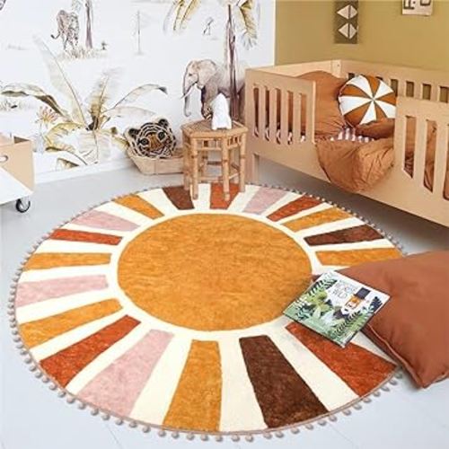LIVEBOX Round Washable Rug 5.2ft Sun Circular Nursery Rug Girl for Kids Room, Colorful Circle Rug Cute Girls Room Rug, Retro Non-Slip Cozy Round Rugs Soft Rainbow Classroom Rug for Play Room