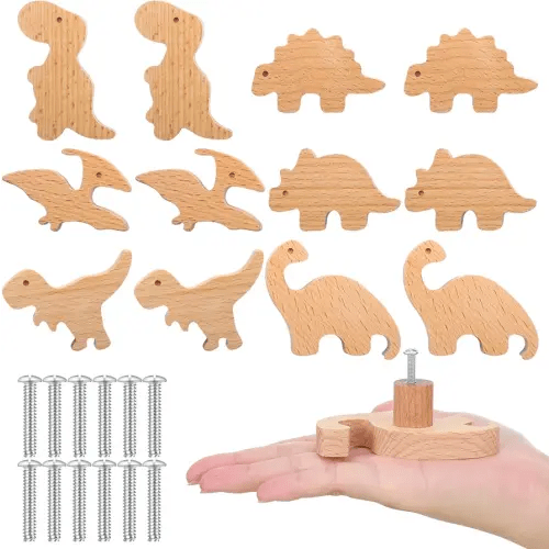 Qunclay Wooden Animal Cabinet Knobs Decorative Wood Dresser Knobs with Screws Dresser Pulls Marine Woodland Natural Wild Animals Pulls Handles Nursery for Home Furniture Decor(Dinosaur,12 Sets)
