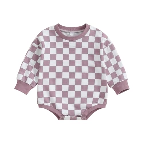 Karuedoo Baby Boy Girl Checkered Sweatshirt Romper Oversized Long Sleeve Bubble Romper Top Neutral Baby Fall Clothes