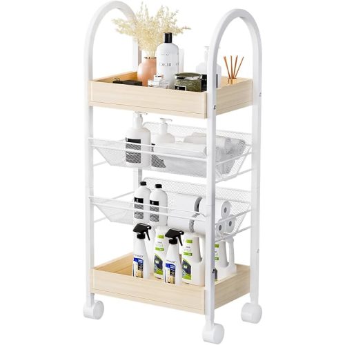 Small Bathroom Storage Cart Organizer - 4-Tier Narrow Rolling Cart Organizer with Wheels,2 Metal Basket,2 Wooden Tray,Upgraded Version Arc Handle,9.5" D x 16.5" W x 28.5" H
