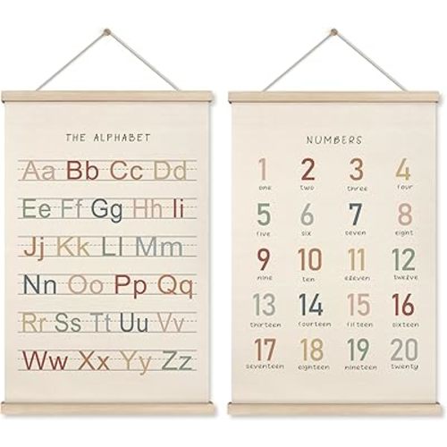 HRQKO Alphabet Numbers Poster Hanger Frame Set of 2, Nursery Wall Decor, Boho ABC Poster Wall Art with Wooden Frames, Alphabet Banner Wall Hanging Decor for Toddler Playroom Nursery, 16x24 Inch