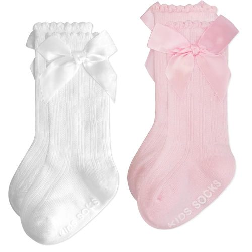 Baby Knee High Socks Girl Non Slip Toddler Stockings Cotton Bow Ruffle Newborn Long Socks Infant Dress Sock 0-6M/6-12M/1-3Y