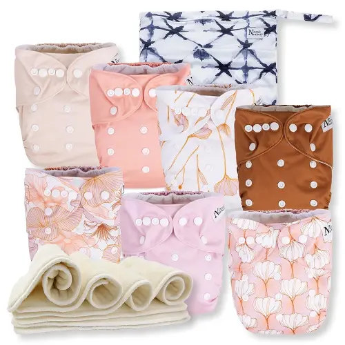 Nora's Nursery Cloth Diapers 7 Pack with 7 Inserts & 1 Wet Bag - Waterproof Cover, Washable, Reusable & One Size Adjustable Pocket Diapers for Newborns and Toddlers - Magnolia