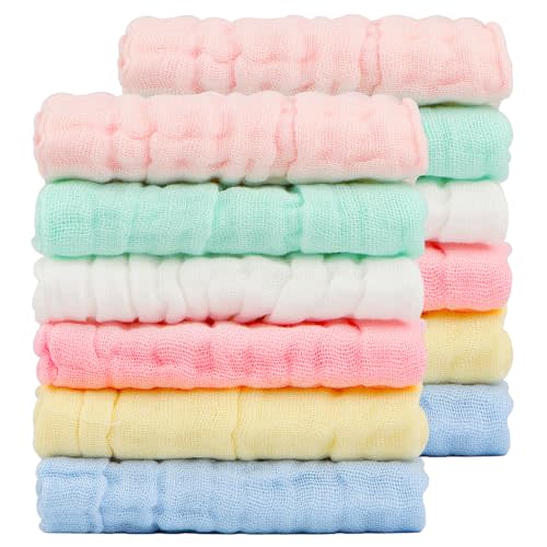 Orighty Muslin Baby Washcloths Pack of 12 - Soft Face Cloths for Newborn, Absorbent Baby Bath and Face Towels, 100% Cotton Babies Wipes, Burp Cloths, Feeding Towels for Babies and Infants - 10 x 10’’
