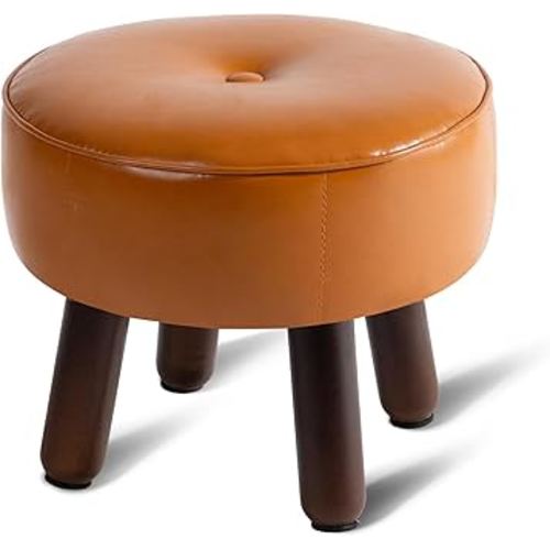 Small Foot Stool Ottoman, Round Pouf Foot Rest, Footstool Ottomans with Rubber Legs Under Desk, Faux Leather Footrest for Couch, Living Room, Bedroom, Hallway, Office, 13''L x 13''W x 10.2''H