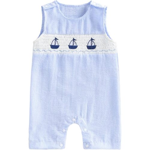 RSRZRCJ Newborn Outfits Baby Boy Clothes Summer Sleeveless Smocked Sailboat Embroidery Stripe Romper Jumpsuit Shortall