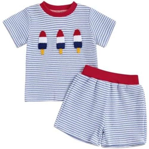 VISGOGO Baby Boy Girls Toddler Summer Outfit Striped T-shirt Toddler Boy Summer Clothes 6 12 18 Months 2 3 4 5 T Short Set