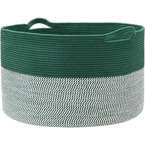 Extra Large Cotton Rope Basket, Woven Baskets for Storage in Living Room, Baby Dog Toy Basket with Handles for Laundry Bathroom Nursery Pillows Cushions for Organizing, 22"x14" Green
