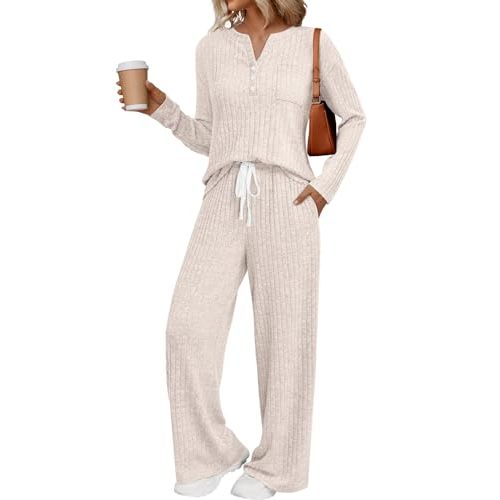 LILLUSORY Womens 2 Piece Lounge Sets Fall Outfits Henley Neck Sweater 2025 Matching Sweat Suits Comfy Pajamas Clothes Pockets